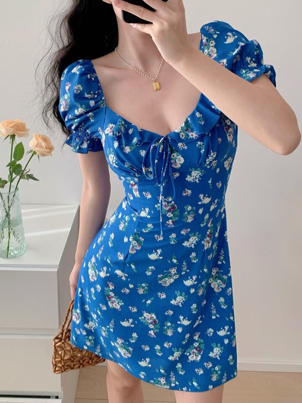 Klein Blue Floral Puff Sleeve Dress - Slim Fit, Waist-Defined, Versatile Vacation Style, Perfect for Summer Outings and 90s Inspired Looks