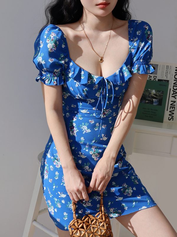 Klein Blue Floral Puff Sleeve Dress - Slim Fit, Waist-Defined, Versatile Vacation Style, Perfect for Summer Outings and 90s Inspired Looks