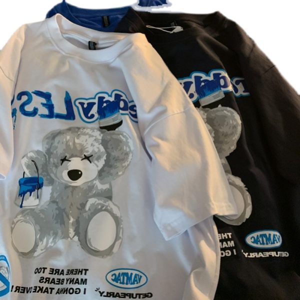 Klein Blue Teddy Bear Graphic Plus Size Short Sleeve T-shirt for Women and Men, Loose Fit Cotton Couple Top, Casual Streetwear