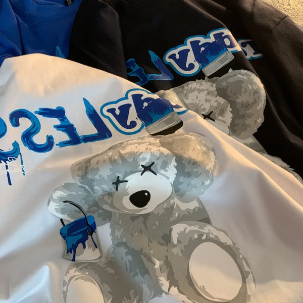 Klein Blue Teddy Bear Graphic Plus Size Short Sleeve T-shirt for Women and Men, Loose Fit Cotton Couple Top, Casual Streetwear