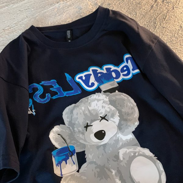 Klein Blue Teddy Bear Graphic Plus Size Short Sleeve T-shirt for Women and Men, Loose Fit Cotton Couple Top, Casual Streetwear