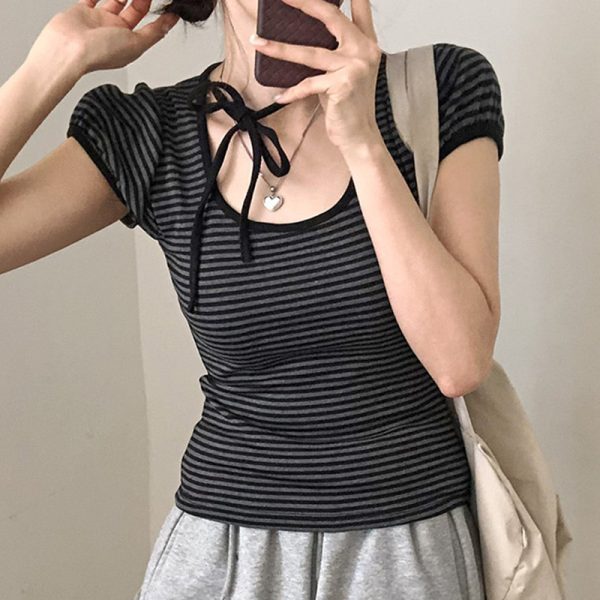 Korean Aesthetic Striped One-Shoulder Sheer Long Sleeve T-Shirt Top for Women - Lightweight Versatile Fashion Essential