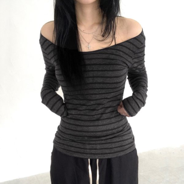Korean Aesthetic Striped One-Shoulder Sheer Long Sleeve T-Shirt Top for Women - Lightweight Versatile Fashion Essential