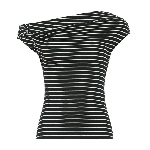 Korean Aesthetic Striped One-Shoulder Sheer Long Sleeve T-Shirt Top for Women - Lightweight Versatile Fashion Essential
