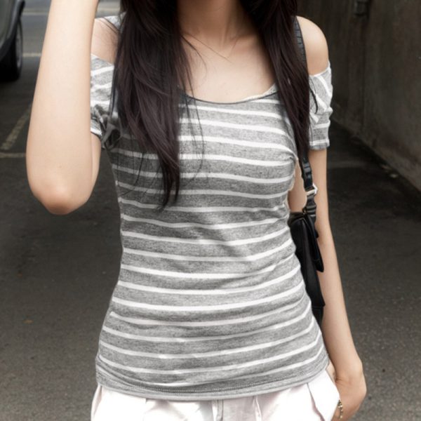 Korean Aesthetic Striped One-Shoulder Sheer Long Sleeve T-Shirt Top for Women - Lightweight Versatile Fashion Essential
