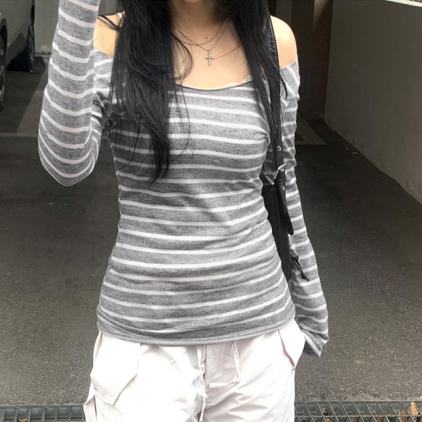 Korean Aesthetic Striped One-Shoulder Sheer Long Sleeve T-Shirt Top for Women - Lightweight Versatile Fashion Essential