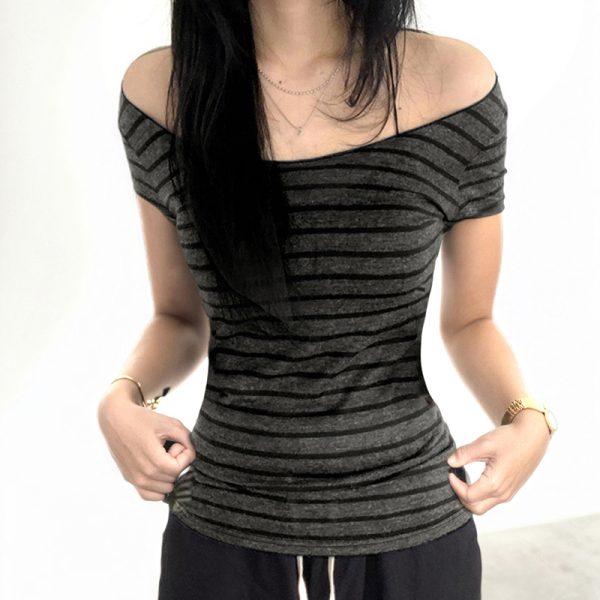 Korean Aesthetic Striped One-Shoulder Sheer Long Sleeve T-Shirt Top for Women - Lightweight Versatile Fashion Essential