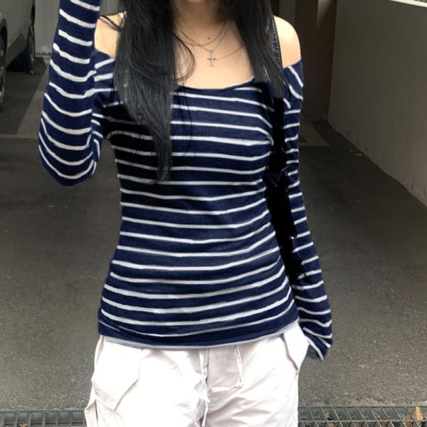 Korean Aesthetic Striped One-Shoulder Sheer Long Sleeve T-Shirt Top for Women - Lightweight Versatile Fashion Essential