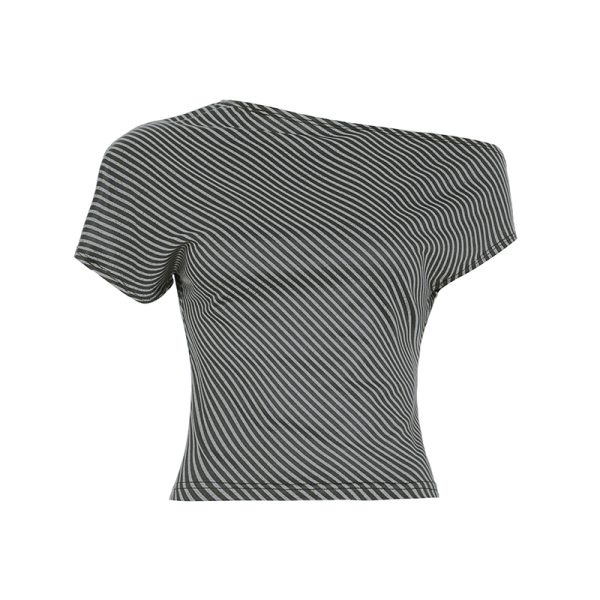 Korean Aesthetic Striped One-Shoulder Sheer Long Sleeve T-Shirt Top for Women - Lightweight Versatile Fashion Essential