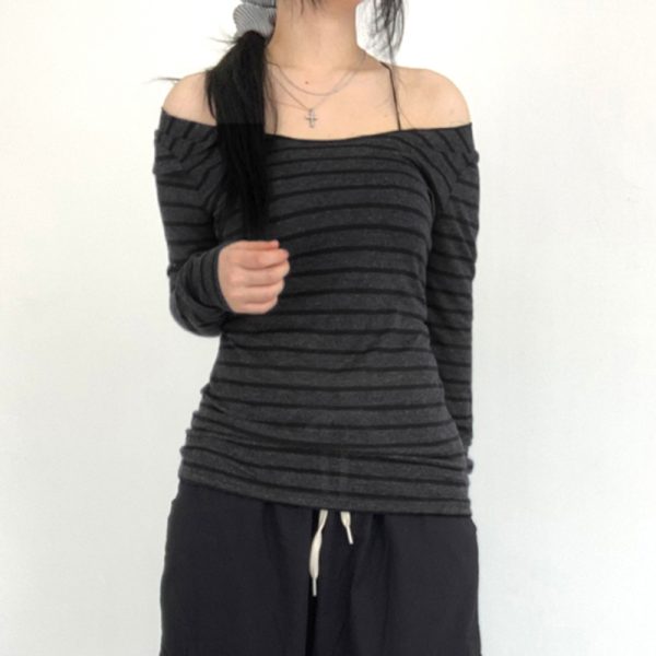 Korean Aesthetic Striped One-Shoulder Sheer Long Sleeve T-Shirt Top for Women - Lightweight Versatile Fashion Essential