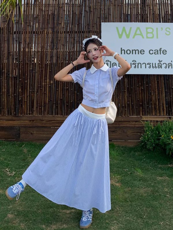 Korean Style Blue Striped Dress Set for Women - Sweet Sister Long Skirt Two-Piece Set - Summer 2025 Fashion