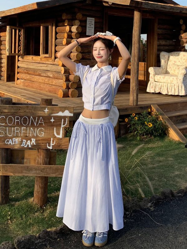 Korean Style Blue Striped Dress Set for Women - Sweet Sister Long Skirt Two-Piece Set - Summer 2025 Fashion