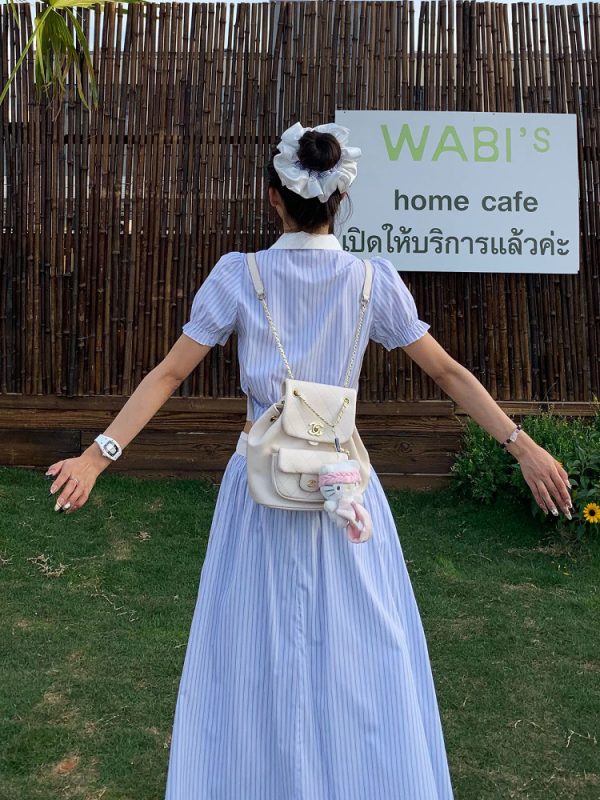 Korean Style Blue Striped Dress Set for Women - Sweet Sister Long Skirt Two-Piece Set - Summer 2025 Fashion