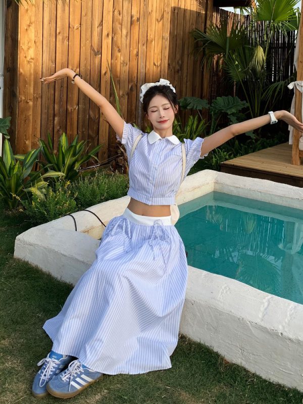 Korean Style Blue Striped Dress Set for Women - Sweet Sister Long Skirt Two-Piece Set - Summer 2025 Fashion
