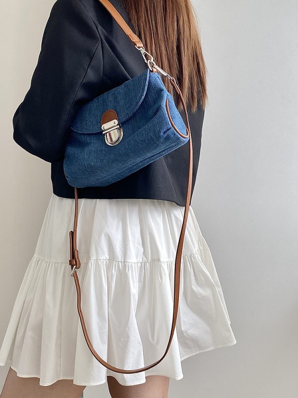 Korean Style Denim Retro Lock Clutch Underarm Bag - Casual Street Shoulder Crossbody Small Bag for Women