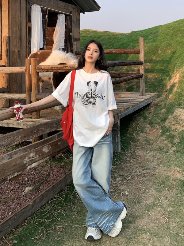 Korean Style Dog Print Round Neck Short Sleeve T-Shirt for Women - 2025 Summer Loose Slim Fit Top