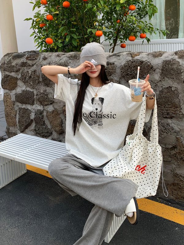 Korean Style Dog Print Round Neck Short Sleeve T-Shirt for Women - 2025 Summer Loose Slim Fit Top
