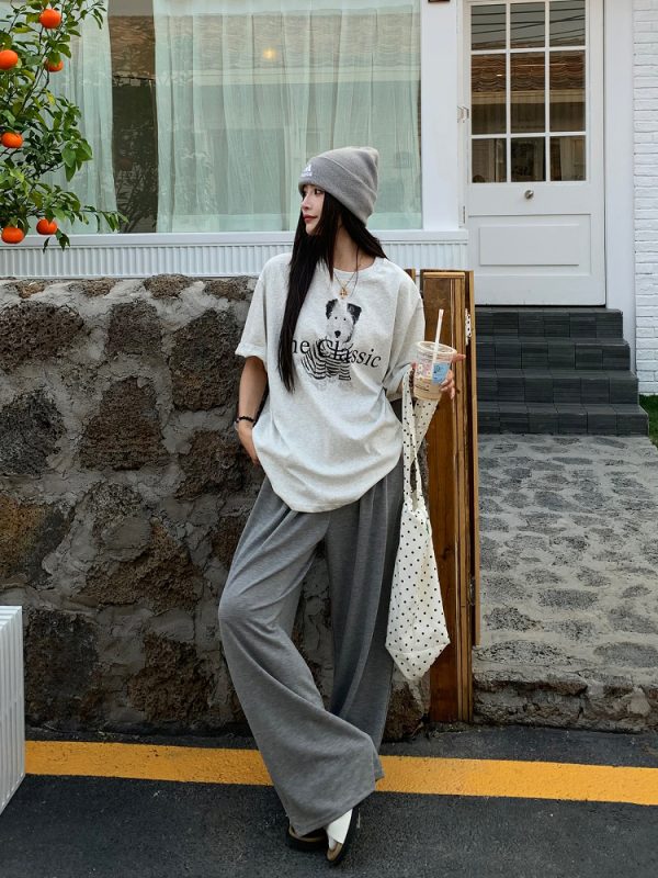 Korean Style Dog Print Round Neck Short Sleeve T-Shirt for Women - 2025 Summer Loose Slim Fit Top