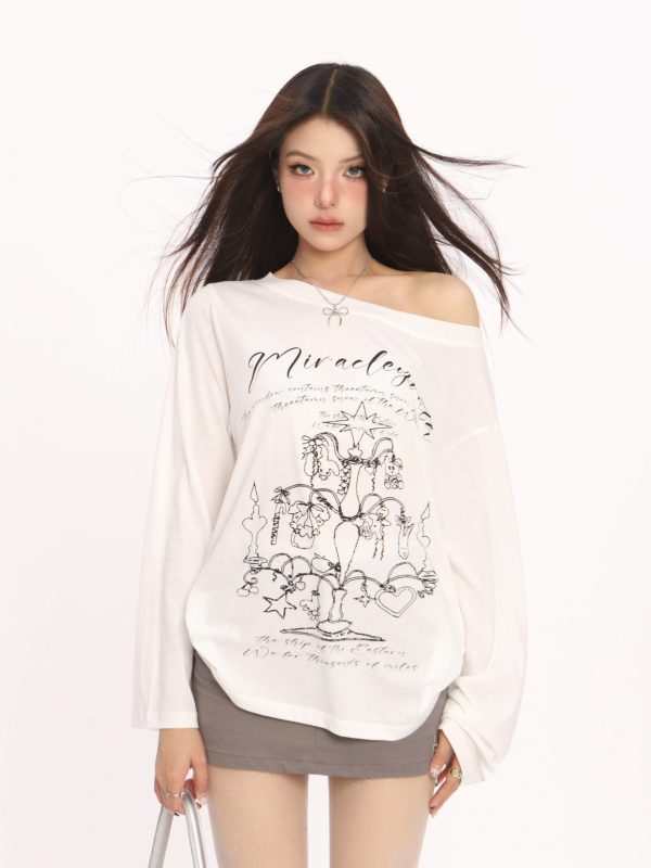 Korean Style Graffiti Off-Shoulder Long Sleeve T-Shirt for Women - Summer Sun Protection Cover-Up, Lightweight & Airy