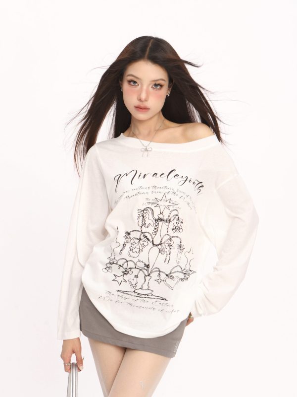 Korean Style Graffiti Off-Shoulder Long Sleeve T-Shirt for Women - Summer Sun Protection Cover-Up, Lightweight & Airy