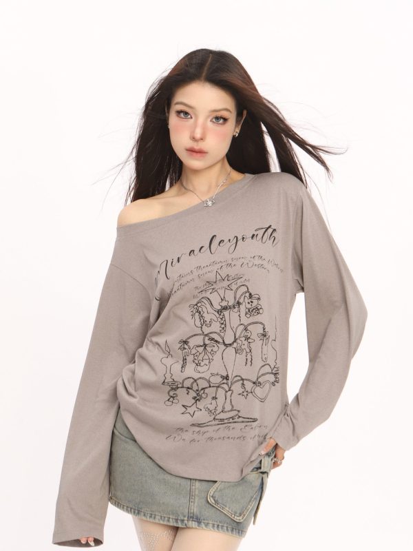 Korean Style Graffiti Off-Shoulder Long Sleeve T-Shirt for Women - Summer Sun Protection Cover-Up, Lightweight & Airy