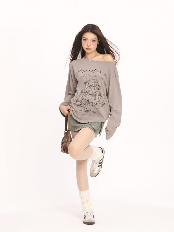 Korean Style Graffiti Off-Shoulder Long Sleeve T-Shirt for Women - Summer Sun Protection Cover-Up, Lightweight & Airy