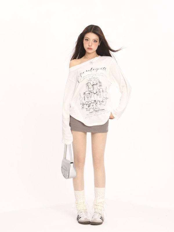 Korean Style Graffiti Off-Shoulder Long Sleeve T-Shirt for Women - Summer Sun Protection Cover-Up, Lightweight & Airy