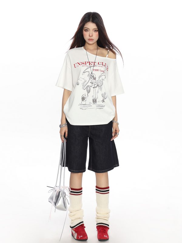 Korean Style Graffiti Off-Shoulder Sleeveless T-Shirt for Women - Summer Loose Casual Top