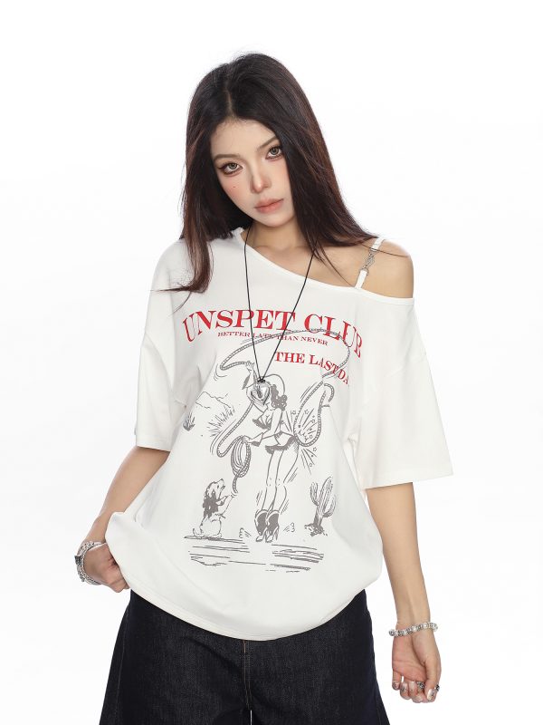 Korean Style Graffiti Off-Shoulder Sleeveless T-Shirt for Women - Summer Loose Casual Top