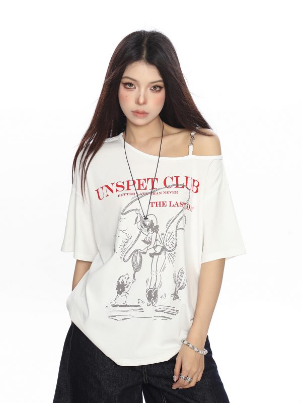 Korean Style Graffiti Off-Shoulder Sleeveless T-Shirt for Women - Summer Loose Casual Top