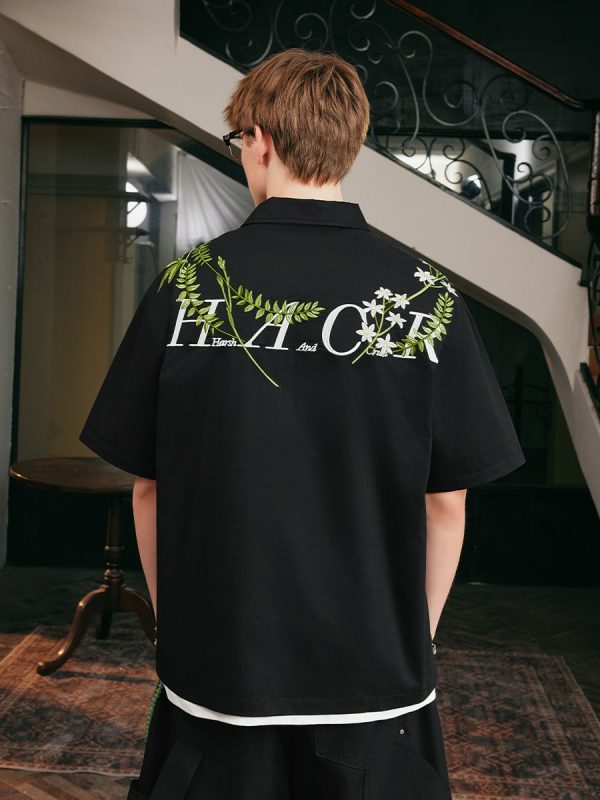 Korean-Style Green Floral Embroidered Cuban Collar Short Sleeve Shirt for Couples - Loose Fit Vacation Wear