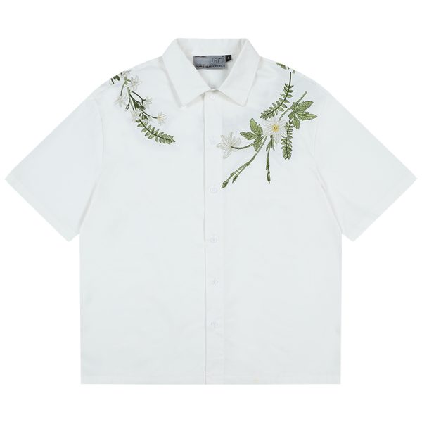Korean-Style Green Floral Embroidered Cuban Collar Short Sleeve Shirt for Couples - Loose Fit Vacation Wear