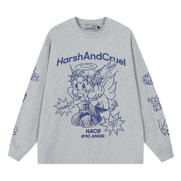Korean Style Hand-Drawn Graffiti Long Sleeve T-Shirt for Couples, Loose Fit, Lazy Wind Angel Elf Design