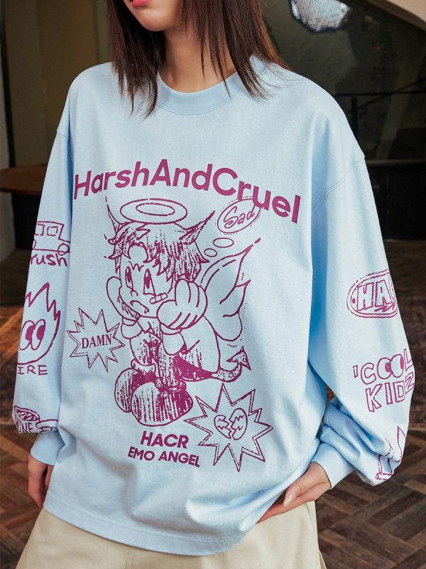 Korean Style Hand-Drawn Graffiti Long Sleeve T-Shirt for Couples, Loose Fit, Lazy Wind Angel Elf Design