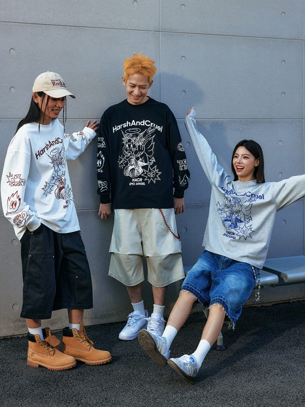 Korean Style Hand-Drawn Graffiti Long Sleeve T-Shirt for Couples, Loose Fit, Lazy Wind Angel Elf Design