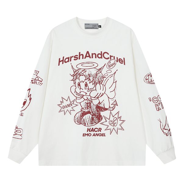 Korean Style Hand-Drawn Graffiti Long Sleeve T-Shirt for Couples, Loose Fit, Lazy Wind Angel Elf Design