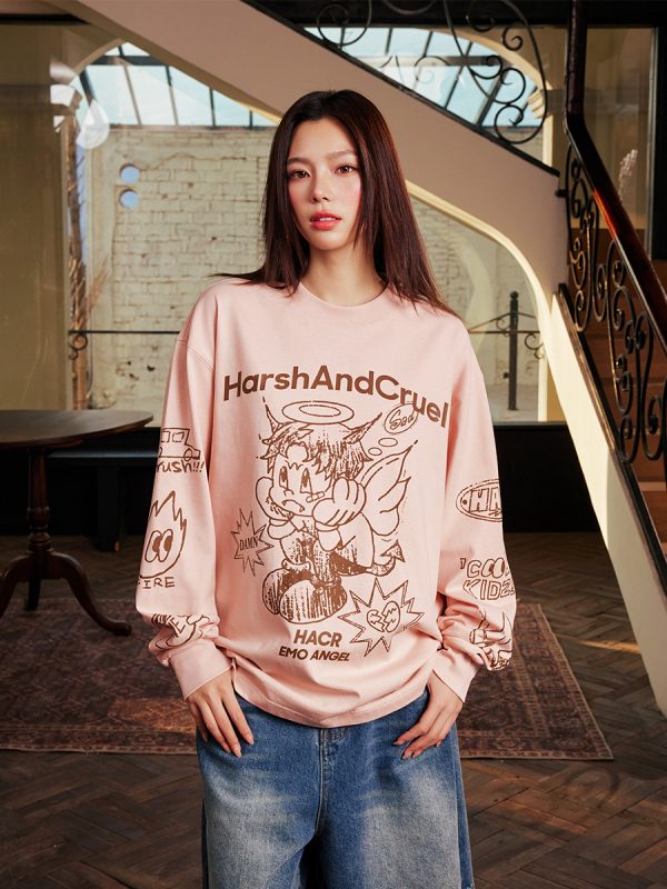 Korean Style Hand-Drawn Graffiti Long Sleeve T-Shirt for Couples, Loose Fit, Lazy Wind Angel Elf Design