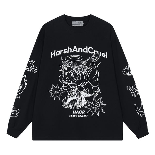Korean Style Hand-Drawn Graffiti Long Sleeve T-Shirt for Couples, Loose Fit, Lazy Wind Angel Elf Design
