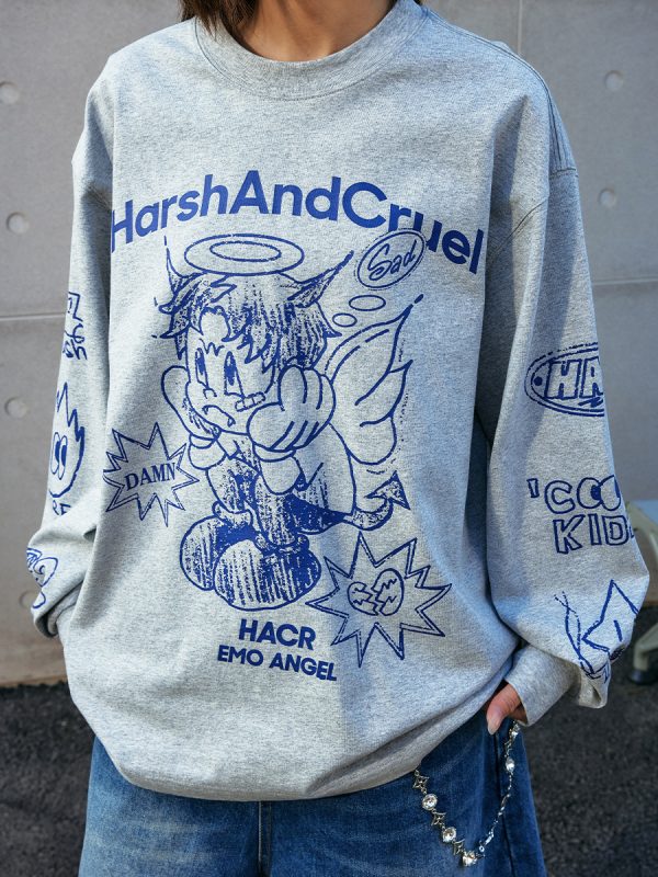 Korean Style Hand-Drawn Graffiti Long Sleeve T-Shirt for Couples, Loose Fit, Lazy Wind Angel Elf Design
