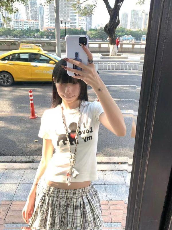 Korean Style Heart Dog Print Short Sleeve T-Shirt for Women - 2025 Summer American Retro Slim Fit Fashion Top