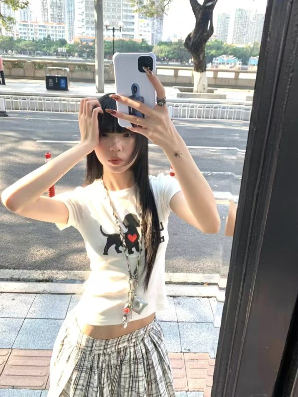 Korean Style Heart Dog Print Short Sleeve T-Shirt for Women - 2025 Summer American Retro Slim Fit Fashion Top
