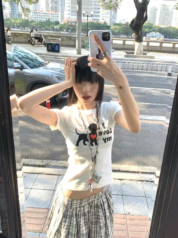 Korean Style Heart Dog Print Short Sleeve T-Shirt for Women - 2025 Summer American Retro Slim Fit Fashion Top