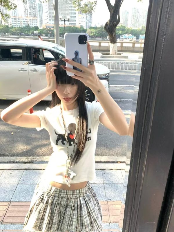 Korean Style Heart Dog Print Short Sleeve T-Shirt for Women - 2025 Summer American Retro Slim Fit Fashion Top