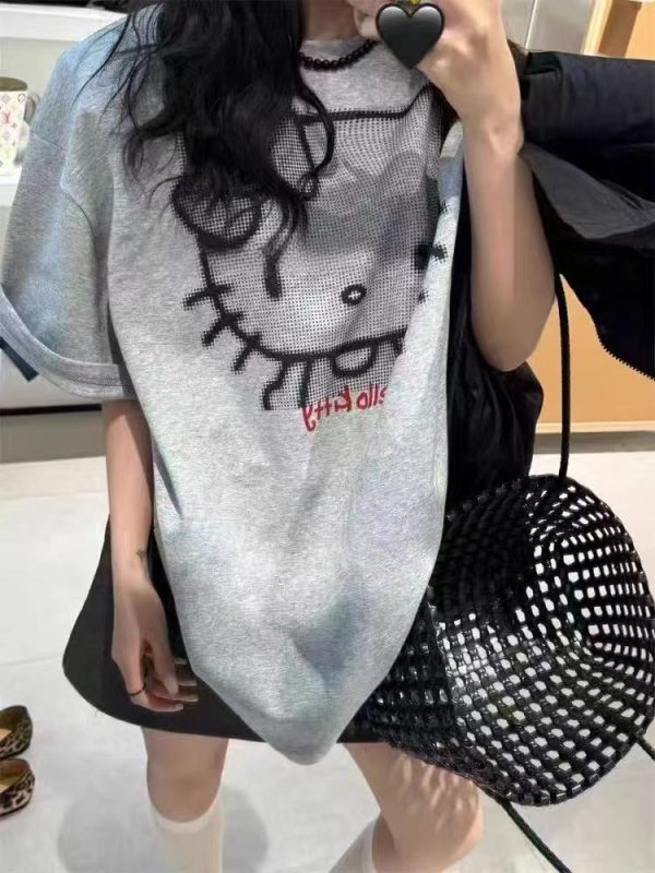 Korean Style Hello Kitty Cartoon Printed Short Sleeve T-Shirt for Women - Loose Fit, Versatile, Age-Reducing Top