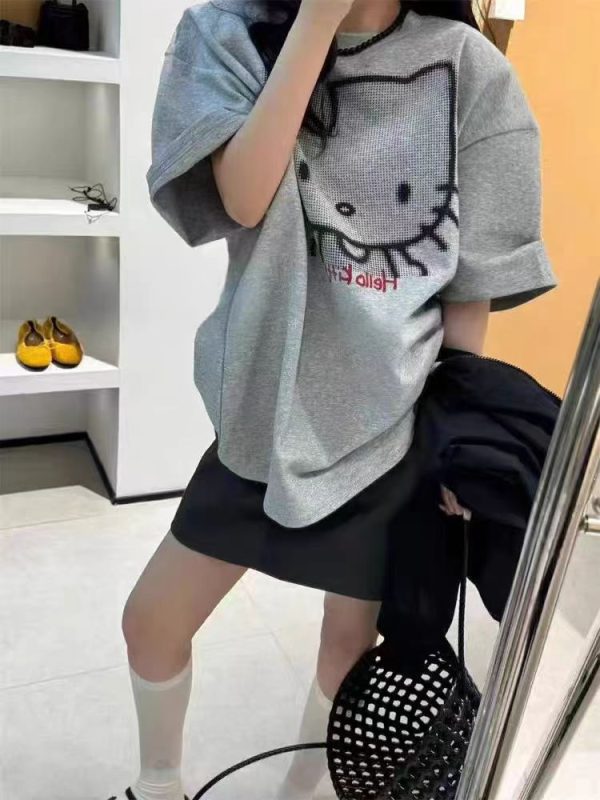 Korean Style Hello Kitty Cartoon Printed Short Sleeve T-Shirt for Women - Loose Fit, Versatile, Age-Reducing Top