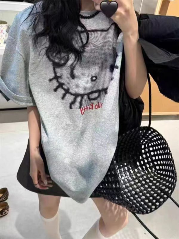 Korean Style Hello Kitty Cartoon Printed Short Sleeve T-Shirt for Women - Loose Fit, Versatile, Age-Reducing Top