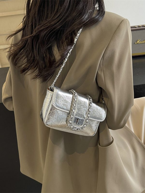 Korean Style High-End Silver Handbag for Women - Laser Cut Small Square Crossbody Bag with Chain Shoulder Strap, Spring/Summer 2025