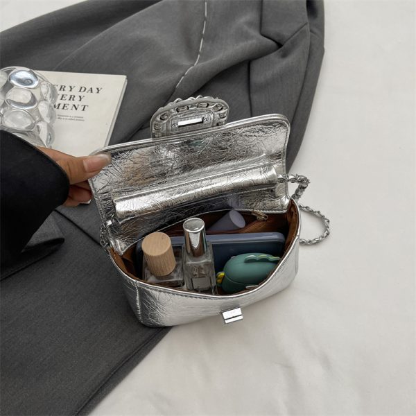 Korean Style High-End Silver Handbag for Women - Laser Cut Small Square Crossbody Bag with Chain Shoulder Strap, Spring/Summer 2025