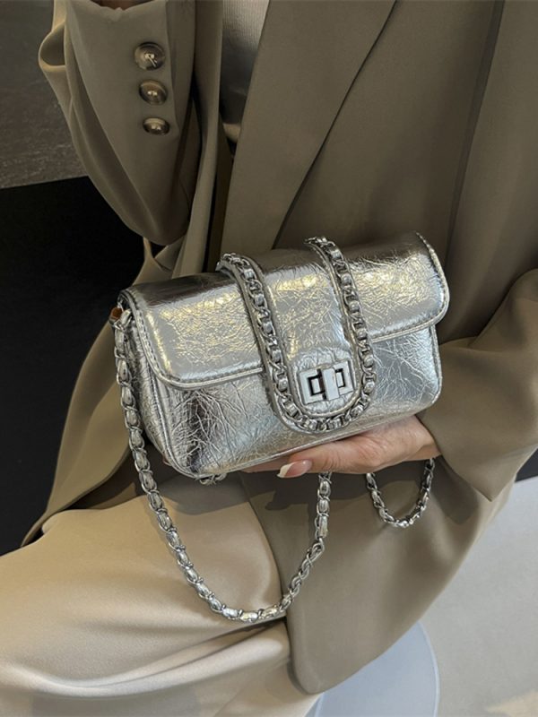 Korean Style High-End Silver Handbag for Women - Laser Cut Small Square Crossbody Bag with Chain Shoulder Strap, Spring/Summer 2025
