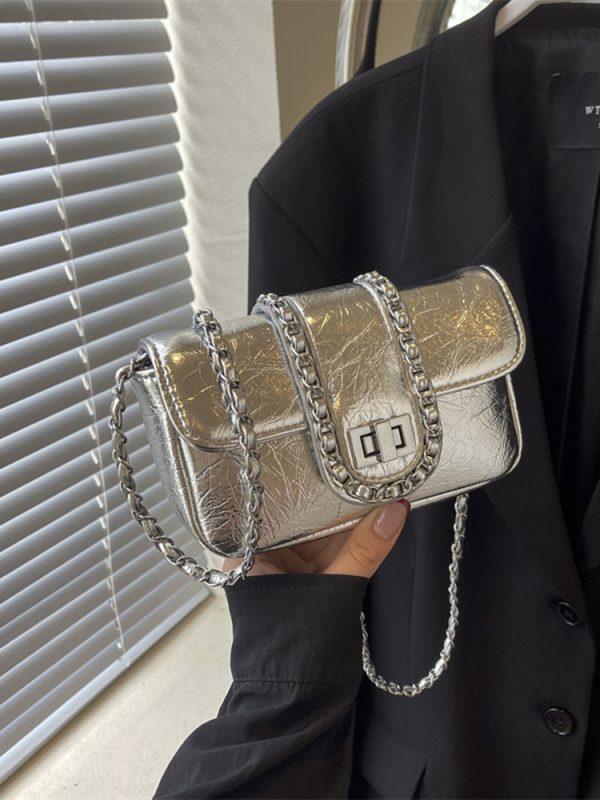 Korean Style High-End Silver Handbag for Women - Laser Cut Small Square Crossbody Bag with Chain Shoulder Strap, Spring/Summer 2025